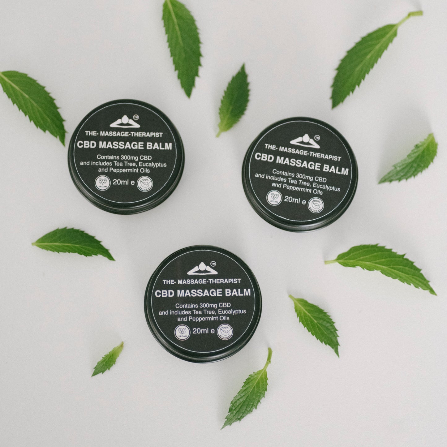 Three pots of CBD massage Balm and mint leaves, pot is small enough to travel or for first aid kit